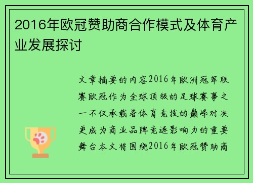 2016年欧冠赞助商合作模式及体育产业发展探讨